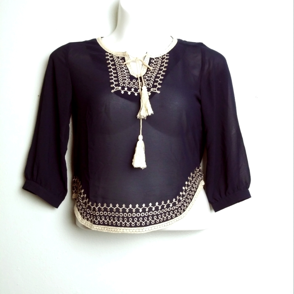 Monteau Size S Blouse Embroidered Long Sleeves Sheer Casual Summer